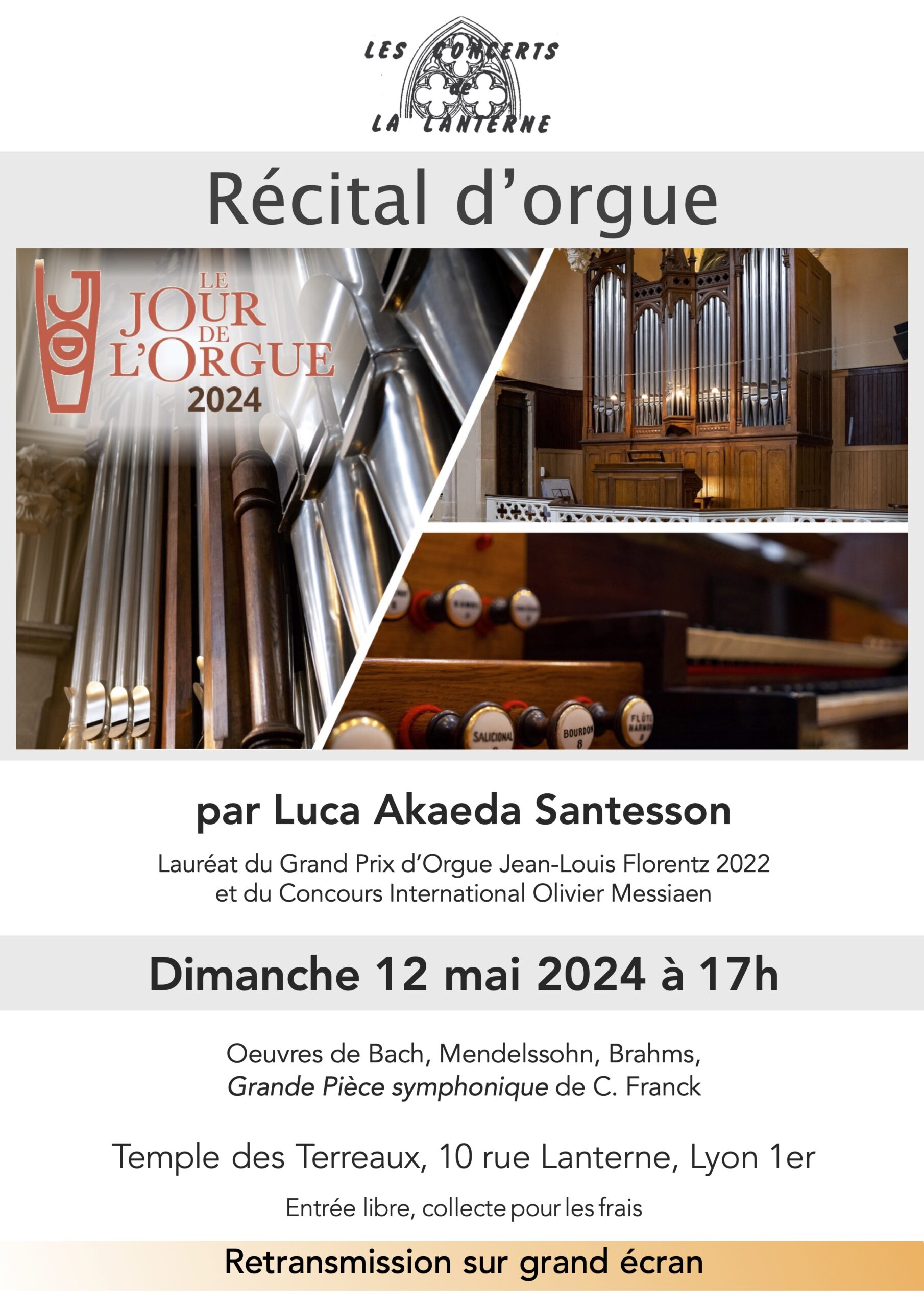 Affiche concert d'orgue, dimanche 12 mai 2024 à 17h, entrée libre.